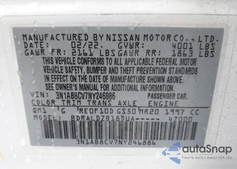2022 Nissan Sentra Sv Xtronic Cvt from USA, damaged, VIN 3N1AB8CV7NY246886